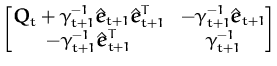 $\displaystyle \begin{bmatrix}{\boldsymbol { Q } }_t + \gamma_{t+1}^{-1}\hat{{\b...
...{t+1}^{-1} \hat{{\boldsymbol { e } }}_{t+1}^T & \gamma_{t+1}^{-1} \end{bmatrix}$