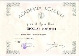 Premiul Academiei Romane colegului Popovici Nicolae 2007