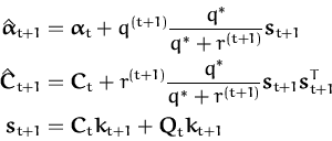 \begin{displaymath}\begin{split}\hat{{\boldsymbol { \alpha } }}_{t+1} &= {\bolds...
... + {\boldsymbol { Q } }_t{\boldsymbol { k } }_{t+1} \end{split}\end{displaymath}