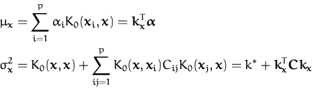 \begin{displaymath}\begin{split}\mu_{\boldsymbol { x } }&= \sum_{i=1}^p \alpha_i...
...ol { C } }{\boldsymbol { k } }_{\boldsymbol { x } } \end{split}\end{displaymath}