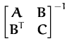 $\displaystyle \begin{bmatrix}
{\boldsymbol { A } }& {\boldsymbol { B } }\\
{\boldsymbol { B } }^T &{\boldsymbol { C } }
\end{bmatrix}^{-1}_{}$