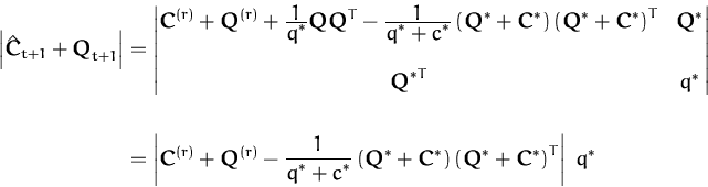 \begin{displaymath}\begin{split}\left\vert \hat{{\boldsymbol { C } }}_{t+1} + {\...
...*+{\boldsymbol { C } }^*\right)^T \right\vert\; q^* \end{split}\end{displaymath}