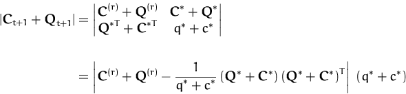 \begin{displaymath}\begin{split}\left\vert {\boldsymbol { C } }_{t+1} + {\boldsy...
...ymbol { C } }^*\right)^T \right\vert \; (q^* + c^*) \end{split}\end{displaymath}